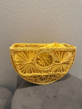 Handwoven Yellow Raffia Half-Moon Basket Bag - Home Accents